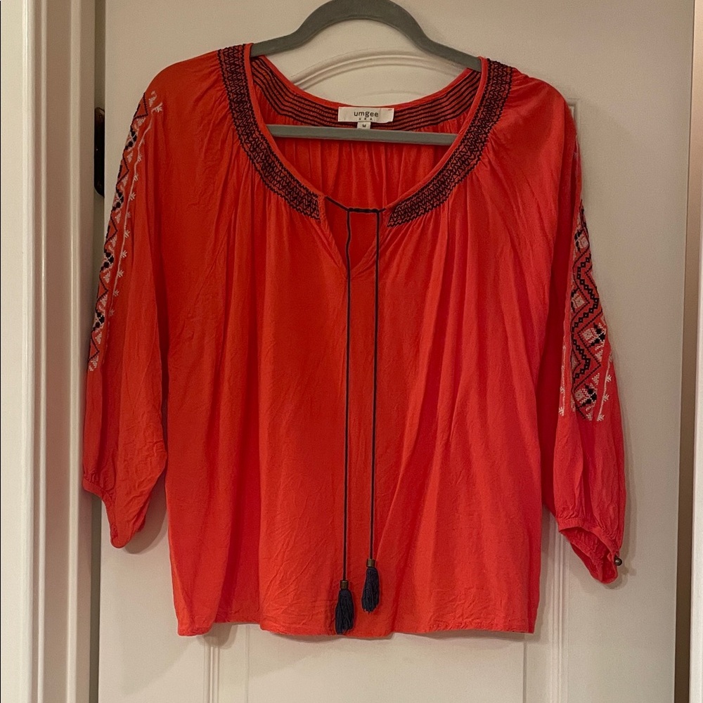 Umgee Bright Orange Embroidered Blouse
